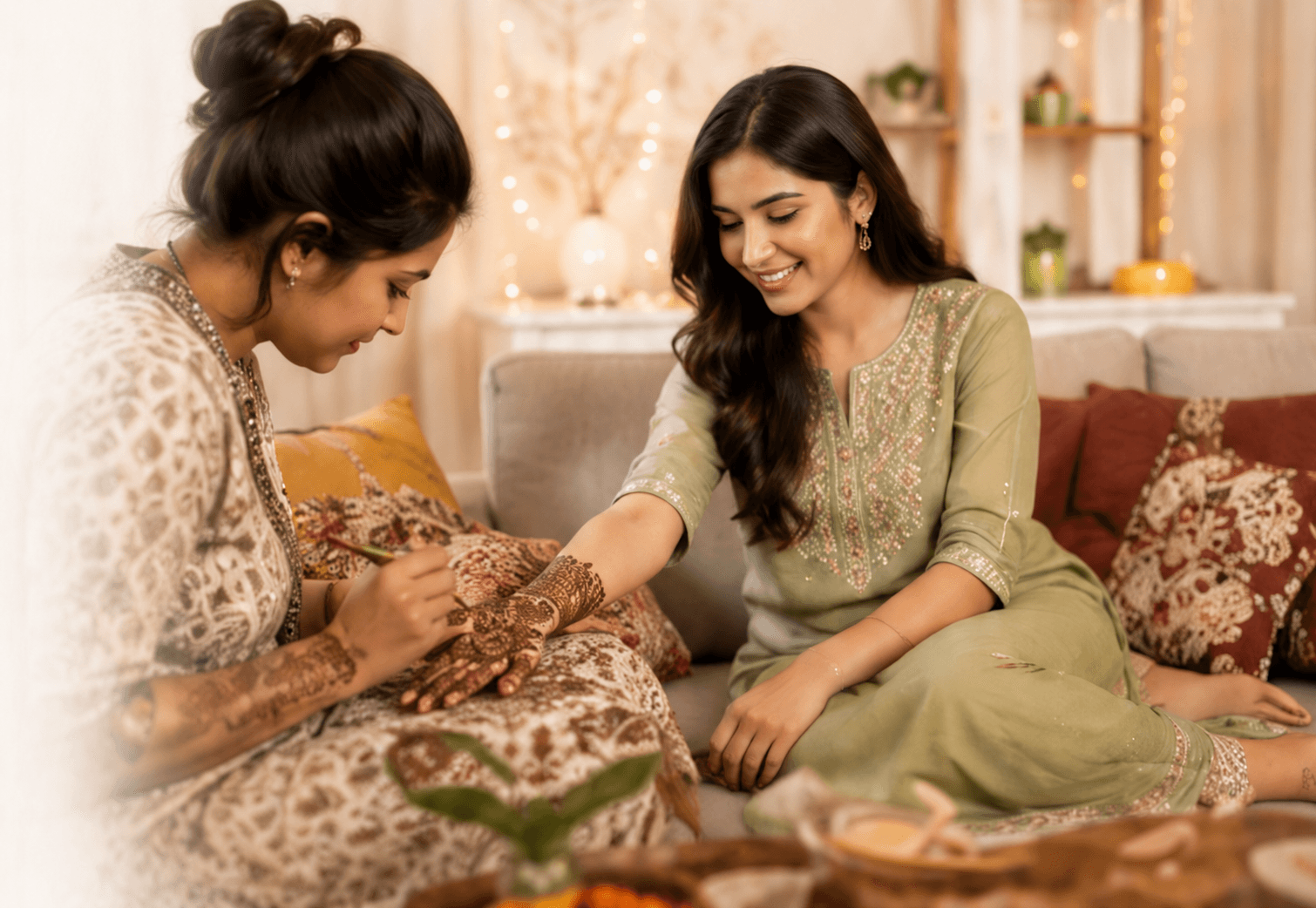Mehndi artist applying beautiful henna design